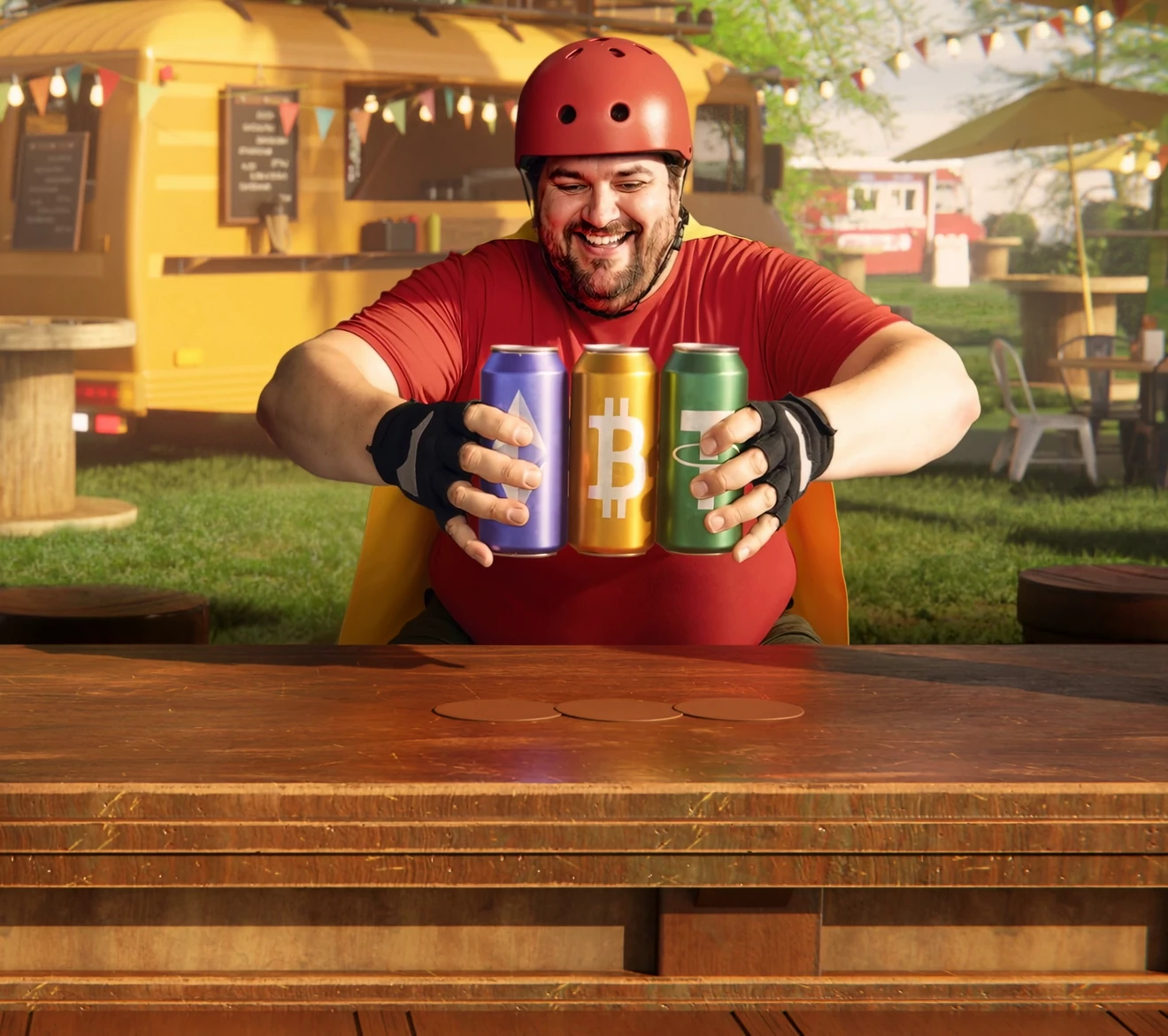 Crypto casino art: the hero at the bar, three cans before him, each marked with a coin logo