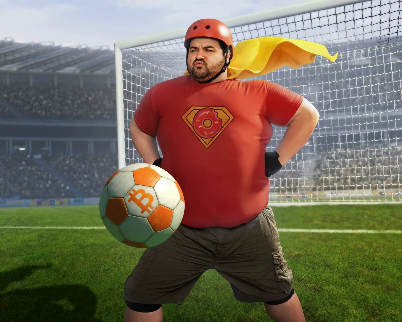 Crypto sports art: the hero in a stadium goalmouth, football in hand