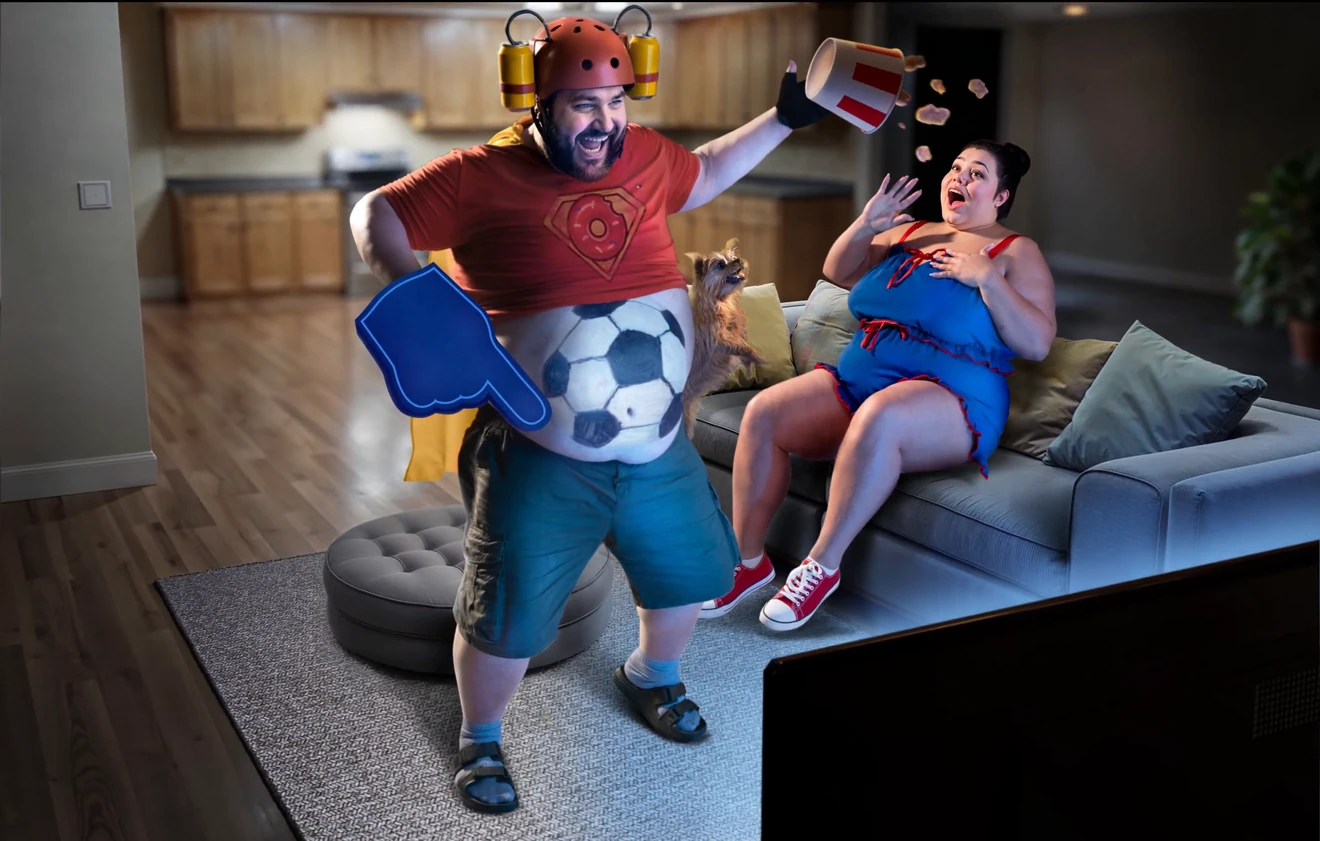 Sports welcome art: the helmeted hero before a TV, a foam fan hand on one arm and a football in the other